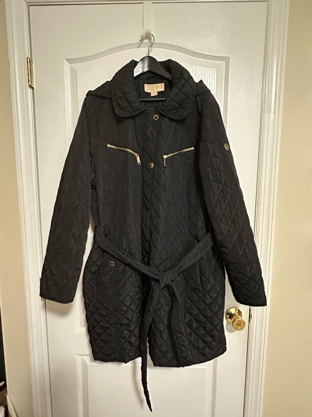 Michael Kors Black Quilted Hooded Coat Size 2X Belted Gold Hardware